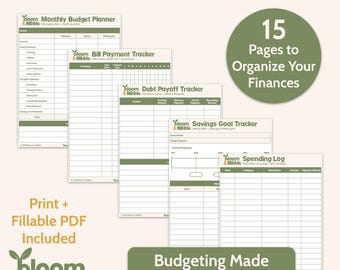 May include: The "Evergreen Growth Set" includes a monthly budget planner, bill payment tracker, debt payoff tracker, savings goal tracker, and spending log. The set has 15 pages to organize finances. The text "Print + Fillable PDF Included" is visible.