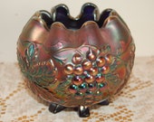 Vintage Ball Rose Vase, Footed Grape Delight Rose Bowl, Carnival Glass, Collectible Glass, Home Decor, Vase
