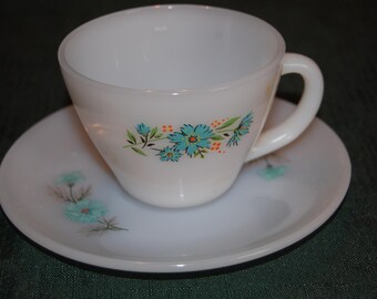 Fire King BonnIe Blue Coffee Cups, White Milk Glass, Anchor Hocking, Blue Flower Cup, Tea Cup, saucer