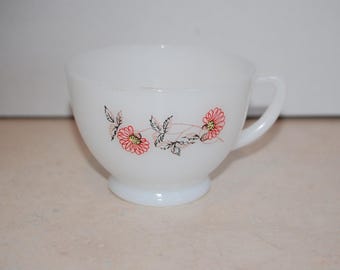 Vintage Fire King tea cup, Fleurette milk glass, pink and red floral design, collectible Fire King, replacement cup