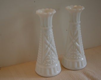 Vintage Set of 2 Milk Glass Vases Textured Vases White Vases