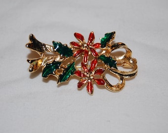 Vintage Christmas Poinsettia Brooch, Christmas Pin, Gold Tone Brooch, Holly Leaves, Christmas Jewelry