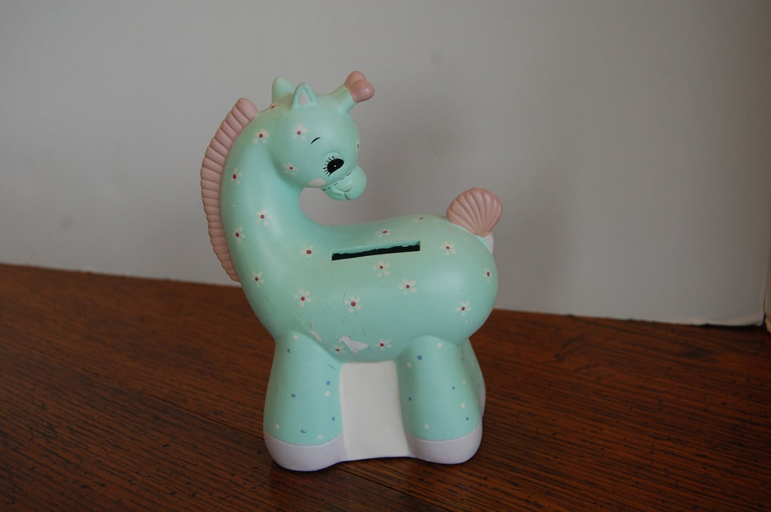 Vintage Enesco Giraffe Piggy Bank, Green Giraffe Bank, Ceramic Piggy