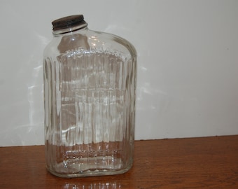 Vintage Refrigerator Water Jar, Anchor Hocking Glass Jar, Ribbed Water Bottle, Clear Glass, Metal Screw on Lid, Collectible Glass