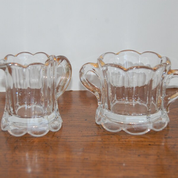 Vintage Cream and Sugar Set, Gold tone on rim, scalloped edges , table setting, clear glass sugar bowl, glass pitcher