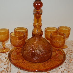 Vintage Wine Set, Wine Decanter,  6 Wine goblets, Amber Sandwich Glass, Tiara Glassware, Indiana Glass, Home Decor, Anniversary Gift