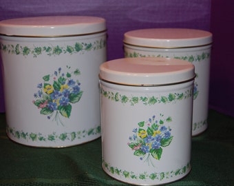 Kitchen Canister Set, Vintage Aluminum Canisters, Ivy and Violets, Kitchen Storage, Kitchen Decor, Metal Can, Shabby Chic