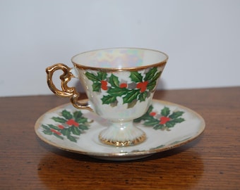 Porcelain Holly Tea Cup, Cup and Saucer,  Demitasse tea cup