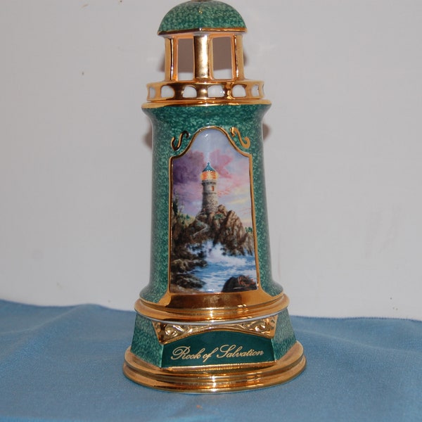 Vintage Lighthouse, Thomas Kinkade, 2004, Green Porcelain Lighthouse, Battery Operated Light, Home Decor, Rock of Salvation