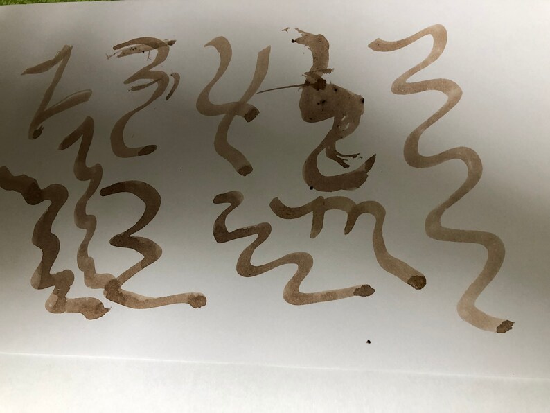 May include: Abstract brown ink strokes on white paper. The image features a series of free-flowing, wavy lines and stylized shapes, creating a dynamic and expressive composition. The ink varies in thickness, adding depth and visual interest to the artwork.