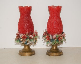 Pair of Vintage Candles, Plastic flower ring, Gold Tone Candle Holder, Christmas Decor, Table Decor, Holiday Decor, Pillar Candle