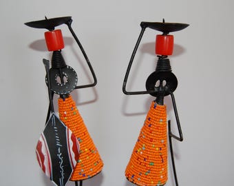 Beaded Candleholder, Maasai candle holder, Set of 2, Home Decor, Collectible, Kenyan souvenirs, Orange candle holder