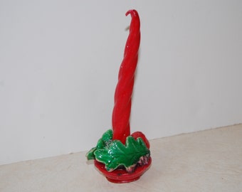 Vintage Gurley Candle, Red Candle, Green Leaves, Holiday Decor, Table Decor, Taper Candle