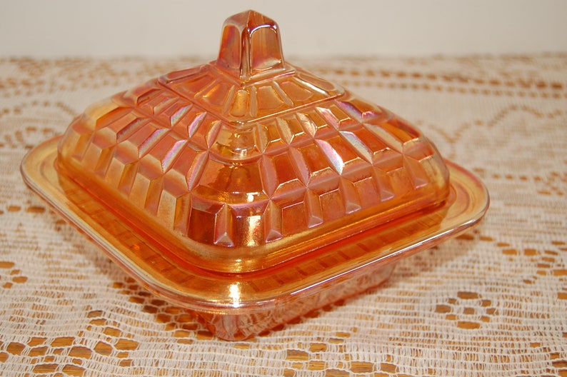 Vintage Carnival Glass Candy Dish Orange Glass Lidded Candy Etsy