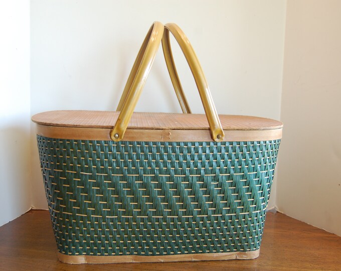 Vintage Hawkeye Burlington Picnic Basket, Green Weave Basket, Metal