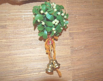 Vintage Hanging Mistletoe Ball with ribbon and bells, Christmas decor, plastic mistletoe ball,