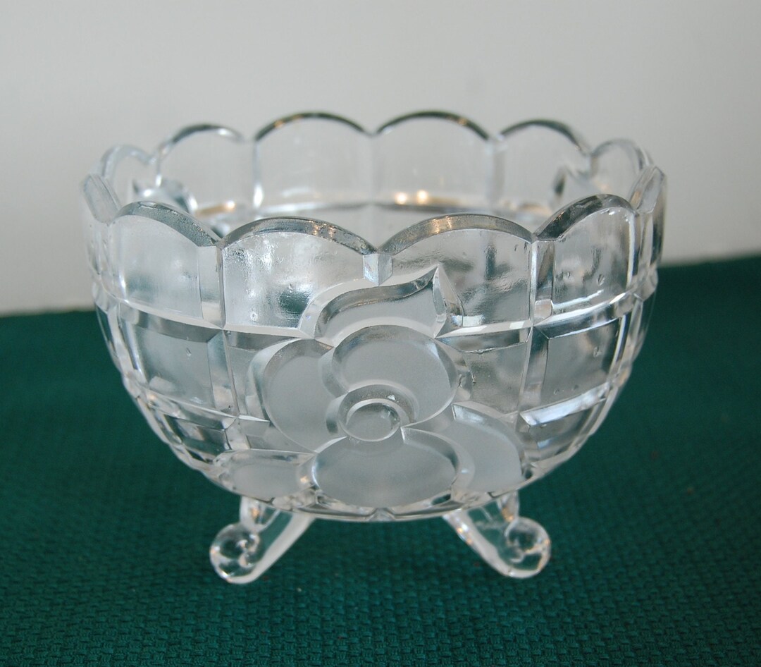 Vintage Glass Bowl, Etched Flowers, 3 Footed Bowl, Candy Dish, Home