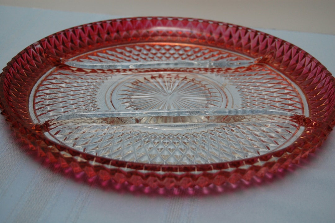 Glass Relish Tray, Vintage Relish Plate, Ruby Red Flash, 3 Part Tray ...