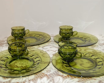 Kings Crown Set of 5 Snack Plate and Cups in Color Crown Green by Colony Glass Thumbprint Indiana Glass