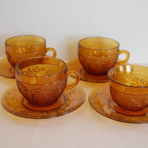 Amber Glass Tea Cups and Saucers Tiara Vintage Glass Set Etsy