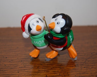 Vintage Handcrafted Hallmark Ornament, Mom and Dad, 1989 Ornament, Skating Penguins, Tree Decor, Gift