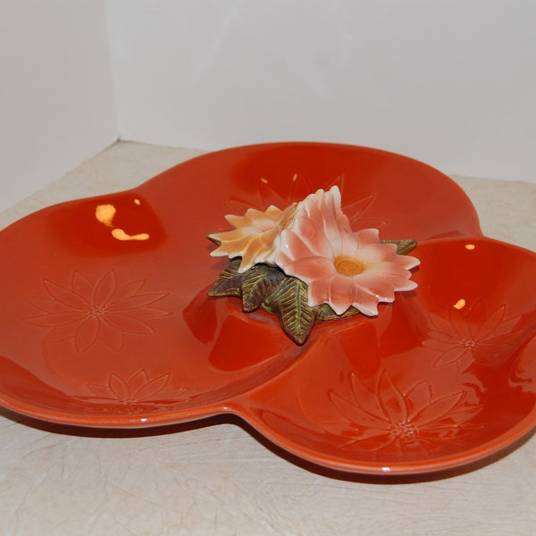 Vintage California Pottery Chip and Dip, Mid Century, Orange Pottery Tray, Sunflower Chip and Dip Platter, Divided Dish, USA Pottery,