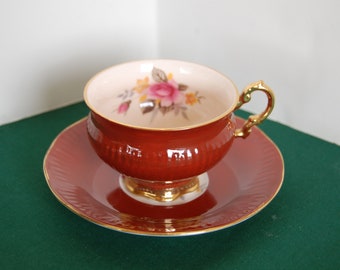 CHOICE Elizabethan Cup and Saucer, Hand Decorated, Fine Gone China, Staffordshire, England, Red/Brown/Black Tea Cup with Saucer, Collectible