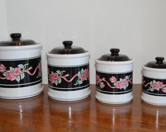 Vintage Canister Set, 4 Ceramic Canisters, Pink Roses and Ribbons, White and Black Canister, Kitchen Storage, Evening Garden, House of Lloyd