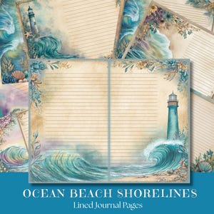 May include: Lined journal pages with a coastal theme. The pages feature a lighthouse, ocean waves, and floral accents in shades of blue, beige, and teal. The text "OCEAN BEACH SHORELINES Lined Journal Pages" is displayed at the bottom.