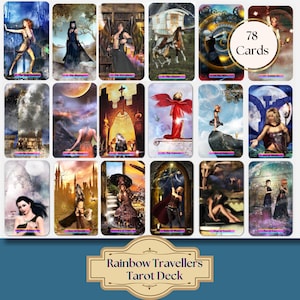 May include: A tarot deck featuring 78 cards with fantasy-themed illustrations. The cards showcase various characters and scenes in vibrant colors, with the words "Rainbow Travellers Tarot Deck" displayed at the bottom.