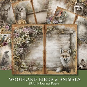 Pages du journal Woodland Junk – 28 pages vintage d'oiseaux et d'animaux des forêts d'automne | Hiboux, renards, corbeaux, lapins et chevreuils | Pages d'automne imprimables