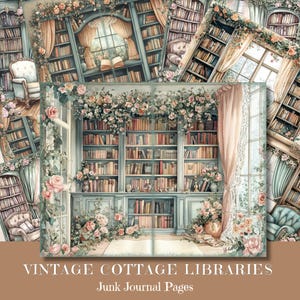 Vintage Cottagecore Libraries Junk Journal Pages, gezellige leeshoeken, gebloemde hoekjes voor boekenliefhebbers, rustige saliegroen