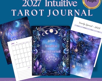 Può includere: Un diario di tarocchi intuitivo 2027 stampabile da 135 pagine in formato lettera USA. La copertina presenta una foresta blu scuro, fasi lunari e cristalli. Include una pagina di calendario mensile per giugno e una panoramica annuale 2027.