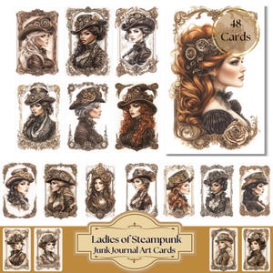 Ladies of Steampunk Junk Journal Art Cards - 48 Cards Digital Printable Download for journaling and scrapbooking