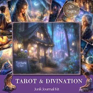 May include: A digital collage featuring a mystical scene with a cottage, forest, and portraits. The text "Fortune Teller" is on a sign. The words "Tarot & Divination" and "Junk Journal Kit" are also visible. A circular graphic reads "50 Pages".