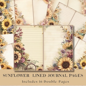 Vintage Sunflower Lined Journal Pages, Filler Junk Journal Pages, Vintage, Sunflowers, Writing Papers, 16 Double Pages, Digital Download