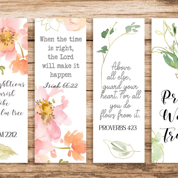 Printable bookmarks set of four floral watercolors digital unique hand painted bible verse bookmarks christian download gift for grandma