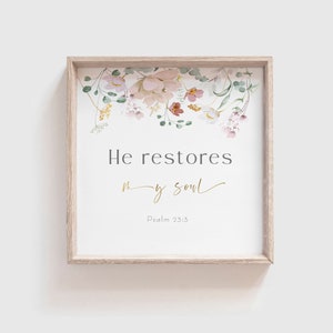 May include: A framed print with the text "He restores my soul" in a script font, with the reference Psalm 23:3. The top of the print features a floral arrangement in soft pinks, greens, and whites, set against a white background.