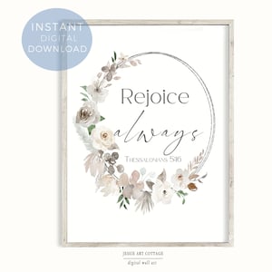 Rejoice Always, Boho floral  Christian Wall Art, Bible Verse Print, Modern Christian Art Poster Decor, Botanic Scripture art gift for family
