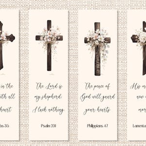 May include: Four rectangular bookmarks with watercolor illustrations of wooden crosses adorned with floral arrangements. Each bookmark features a different Bible verse in elegant script: Proverbs 35, Psalm 231, Philippians 47, and Lamentations 323.