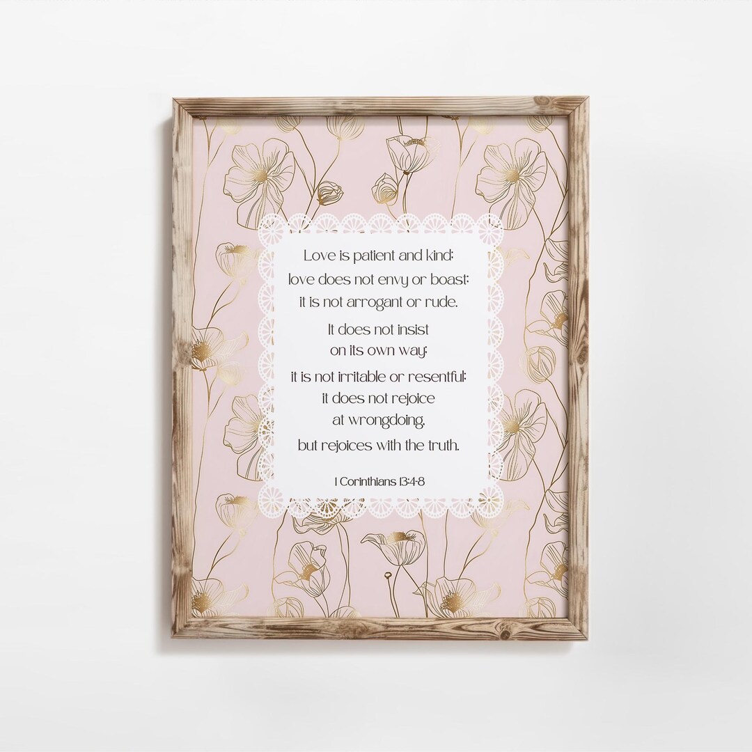 1 Corinthians 13:4 8, Printable Scripture Wall Hanging, Aesthetic Pink and Gold Digital Bible Quote Wall Art Poster Print, Living Room Decor - Etsy Japan