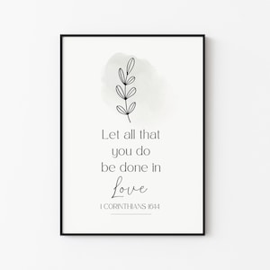 Arte de pared con versículo bíblico imprimible de 1 Corintios 16:14, póster de las Escrituras, decoración de pared con arte lineal minimalista, regalo de decoración de pared religiosa