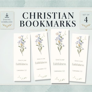 Puede incluir: Juego de cuatro marcapáginas cristianos con ilustraciones florales. Cada marcapáginas presenta un diseño de acuarela de flores azules y amarillas, la frase "Great is your faithfulness" y la referencia bíblica Lamentaciones 3:23.