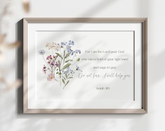 Isaiah 41:13 digital horizontal wildflowers wall art, Scripture floral wall hanging printable, uplifting Bible quote downloadable decor gift