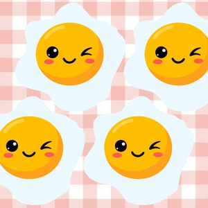 May include: Four cartoon fried eggs with winking faces on a pink and white checkered background.