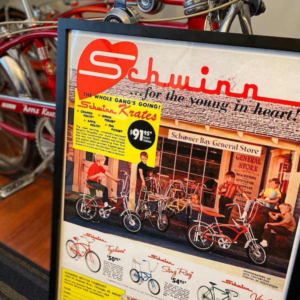 Poster print reproduction of vintage Schwinn bicycle ad. 18x24 inches. Great Holiday gift for dad, brother, husband, or Sting-Ray collector!