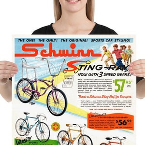 Poster print reproduction of vintage Schwinn bicycle ad. Great gift for your dad, brother, sister husband, or an avid Sting-Ray collector!