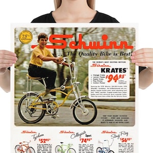 Poster print reproduction of vintage Schwinn bicycle ad. Great gift for your dad, brother, sister, husband, or an avid Sting-Ray collector!