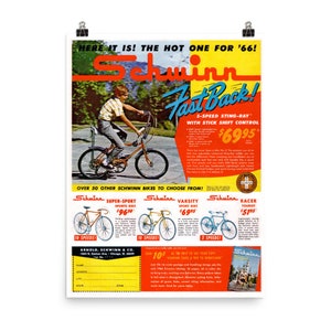 Poster print reproduction of vintage Schwinn bicycle ad. Great gift for your dad, brother, sister, husband, or an avid Sting-Ray collector!