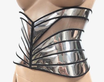 Futuristic Chrome PVC Waist Cincher, Cyberpunk Robot Costume Belt